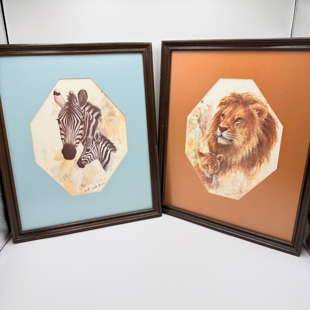 Vintage Doris Scott Nelson Signed Framed Print Lion Cub Zebra Foal Safari Africa